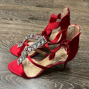 Jewel Badgley Mischka Red Rhinestone Heels and Bow with Red Bag